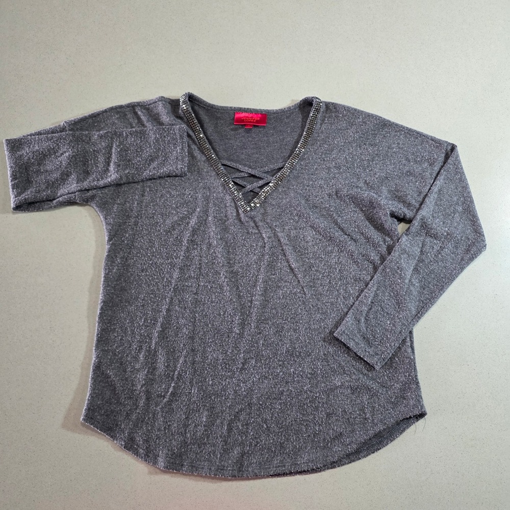 Jennifer Lopez Womens Gray Rhinestone V-Neck Criss Cross Long Sleeve Top S